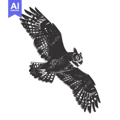 Premium design asset: A black and white illustration of an owl in flight