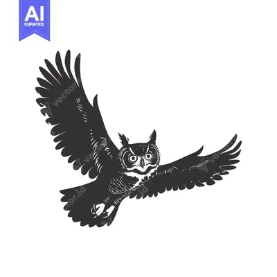 Aset premium populer: A black and white illustration of an owl in flight