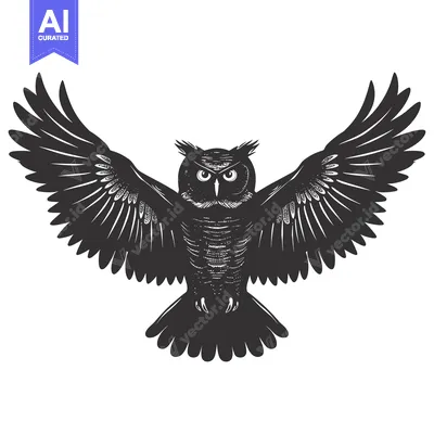 Aset desain premium: Black and White Illustration of an Owl with Spread Wings