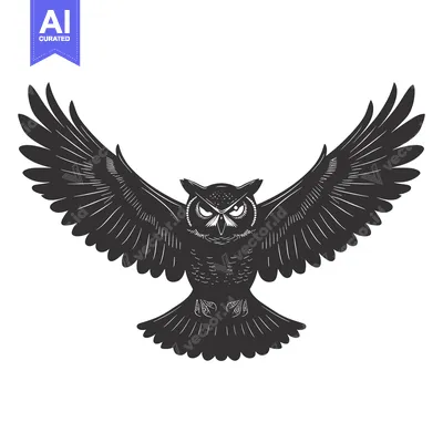 Aset premium populer: A black and white illustration of an owl with its wings spread