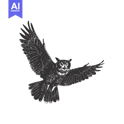 Aset premium populer: Black and White Illustration of an Owl in Flight