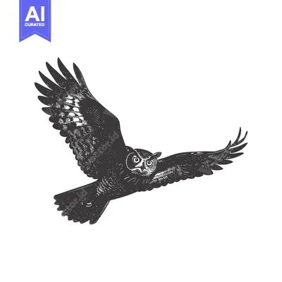 Aset premium populer: Black and White Illustration of an Owl in Flight