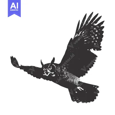 Aset premium populer: A black and white silhouette of an owl in flight