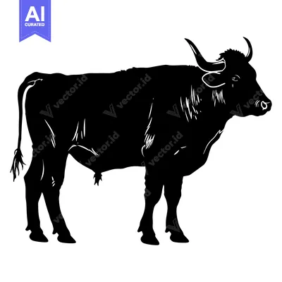 Download Black and White Silhouette of a Bull with Curved Horns Vector Graphic