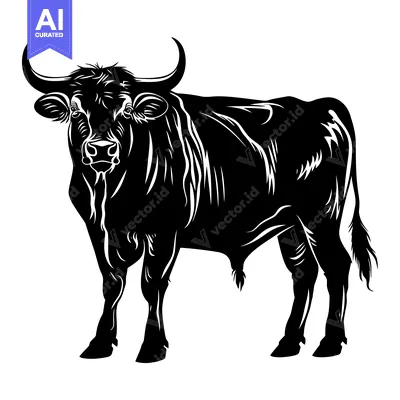 Download Black and White Silhouette of a Bull with Large Horns Vector Graphic