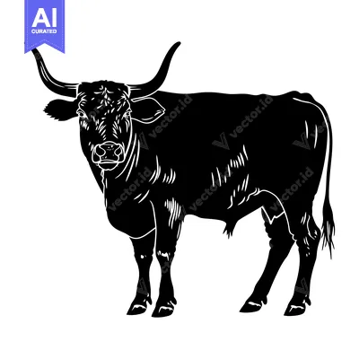Download Black and White Silhouette of a Bull with Large Horns Vector Graphic