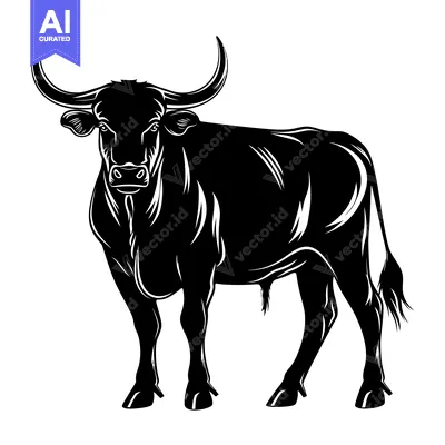 Download Black and White Silhouette of a Bull with Large Horns Vector Graphic