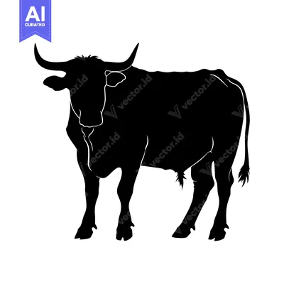 Download Black Silhouette of a Bull Standing with Horns Vector Graphic
