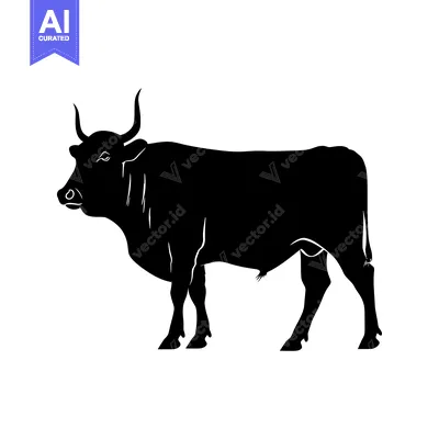 Aset desain premium: Black Silhouette of a Bull with Curved Horns