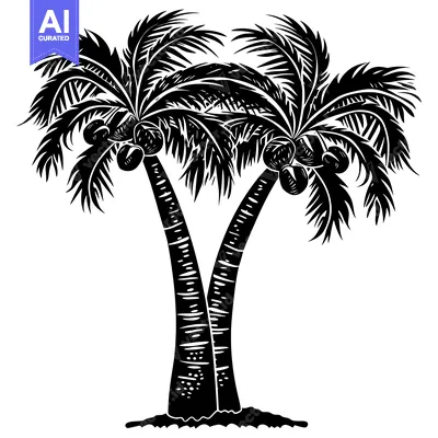Aset desain premium: Black and White Silhouette of Palm Trees with Coconuts
