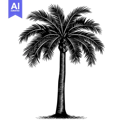 Black and White Illustration of a Palm Tree with Coconuts