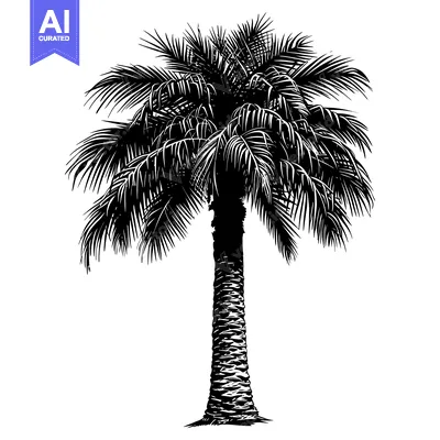 Aset desain premium: Black and White Illustration of a Palm Tree with Detailed Trunk and Fr