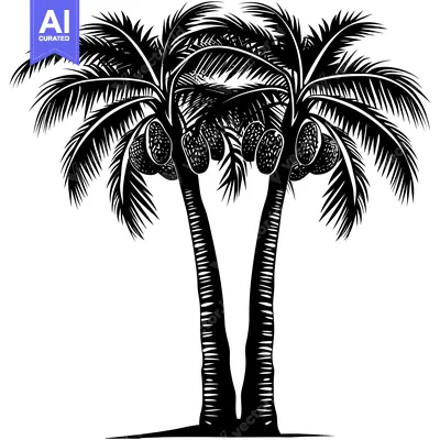 Black and White Illustration of Two Palm Trees with Coconuts
