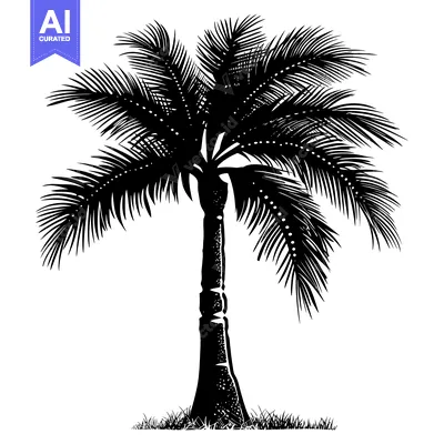 Aset desain premium: Black and White Silhouette of a Palm Tree with Grass at the Base