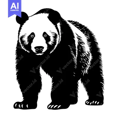 Aset desain premium: Black and White Illustration of a Standing Panda Bear