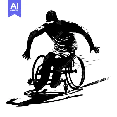 Aset premium populer: Black and white silhouette of a person in a wheelchair moving quickly