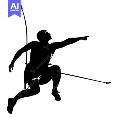 Aset desain premium: Silhouette of a pole vaulter in mid-jump, pointing with outstretched a