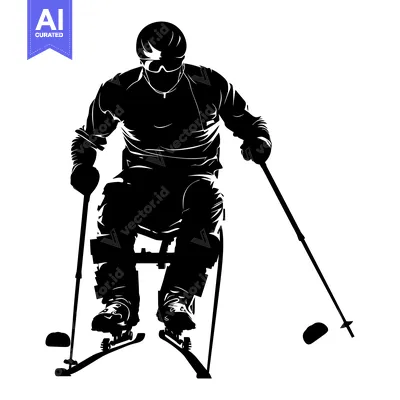 Silhouette of a disabled skier racing down a slope