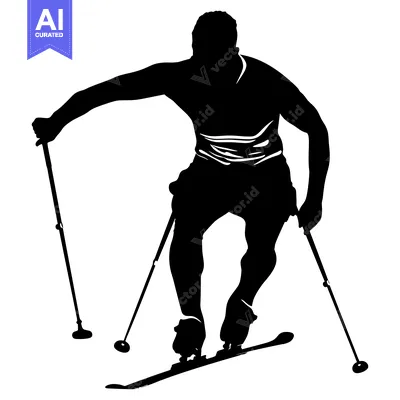 Silhouette of a Skier with Ski Poles and Skis