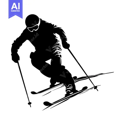 Black and White Silhouette of a Skier Downhill