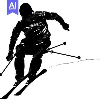 Premium design asset: Silhouette of a skier in mid-air, descending a slope with skis and pol
