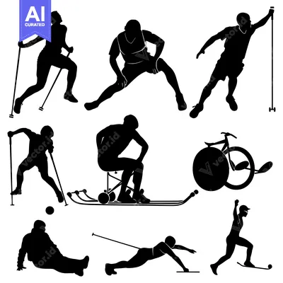 Aset premium populer: Black Silhouettes of Adaptive Athletes Engaging in Various Sports