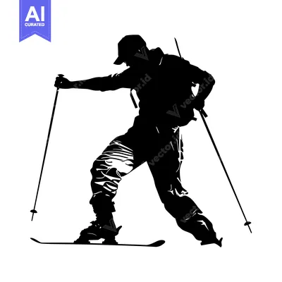 Aset premium populer: Silhouette of a skier with poles and skis
