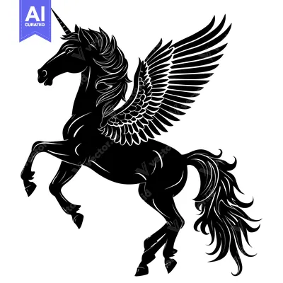 Aset desain premium: A Black and White Silhouette of a Winged Unicorn
