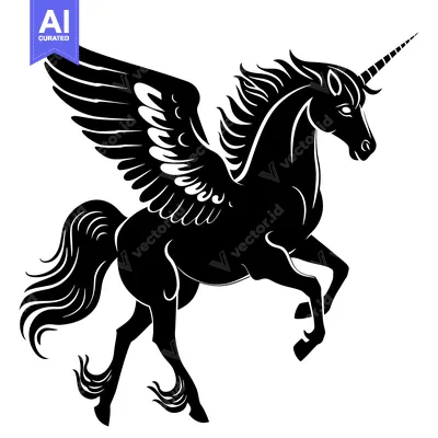Aset desain premium: A Black and White Silhouette of a Winged Unicorn