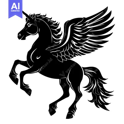 Aset desain premium: A black silhouette of a winged unicorn with a long horn, standing on i