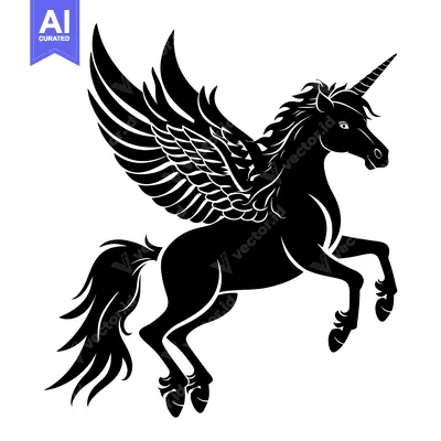 Aset desain premium: Black and White Silhouette of a Winged Unicorn