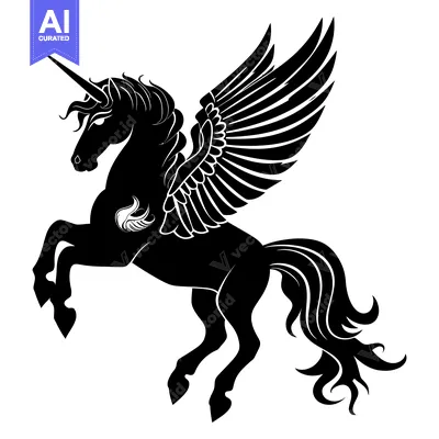 Aset desain premium: Black and White Silhouette of a Winged Unicorn