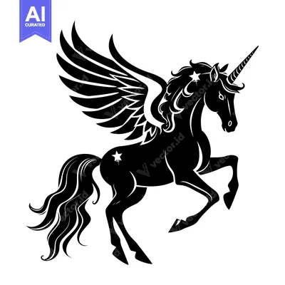 Popular premium asset: Black and White Silhouette of a Winged Unicorn with Stars