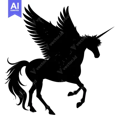 Premium design asset: Black Silhouette of a Winged Unicorn with Horn