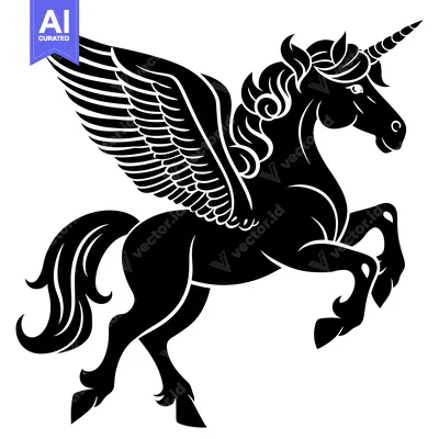 Aset premium populer: Black and White Silhouette of a Winged Unicorn with a Spiral Horn