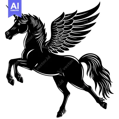 Aset desain premium: Black and white silhouette of a winged unicorn