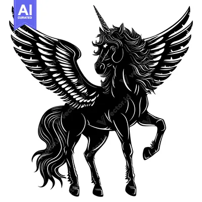 Black and White Silhouette of a Winged Unicorn with a Spiral Horn