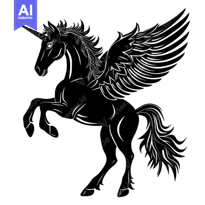 Black and white silhouette of a winged unicorn rearing up on its hind