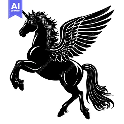 Aset desain premium: Black and White Silhouette of a Winged Unicorn