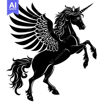 Premium design asset: Black and White Silhouette of a Winged Unicorn with a Horn