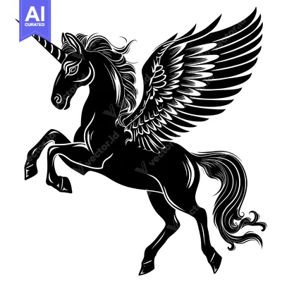 Aset premium populer: Black and White Silhouette of a Winged Unicorn with a Long Horn
