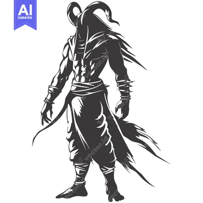 Aset desain premium: A muscular, horned, cloaked figure with a flowing cape stands with fis