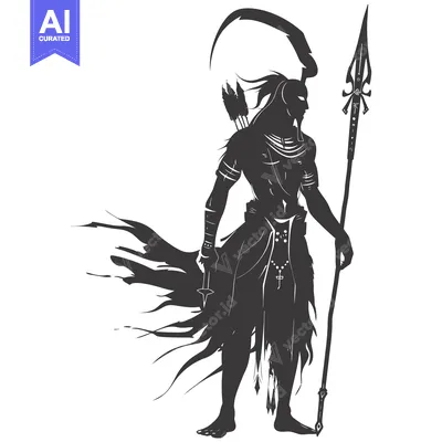 Aset desain premium: A Silhouette of a Warrior with a Spear and a Scythe
