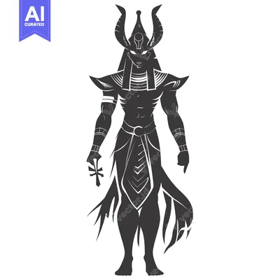 Aset desain premium: Silhouette of an Egyptian God with Horns and a Staff