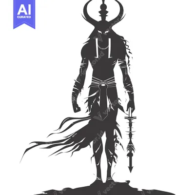 Aset desain premium: Silhouette of a Warrior with Horns, Long Hair, and a Sword