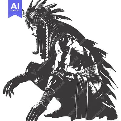 Premium design asset: A Black and White Illustration of a Crouching Egyptian God