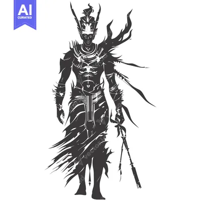 Aset premium populer: Silhouette of a warrior-like figure with a horned helmet and a weapon