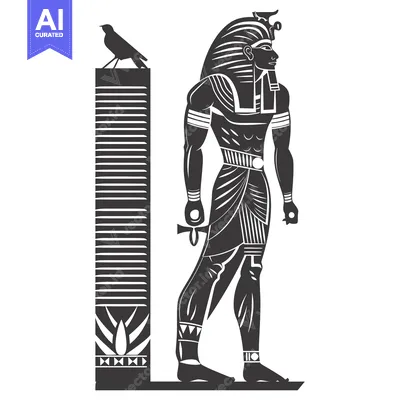 Silhouette of an Egyptian God with an Ankh and a Bird on a Pillar