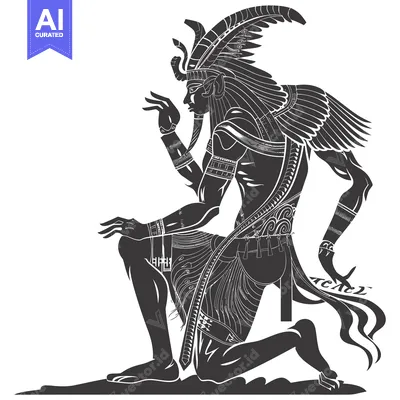 Aset desain premium: A Kneeling, Winged Figure with a Headdress and Elaborate Clothing