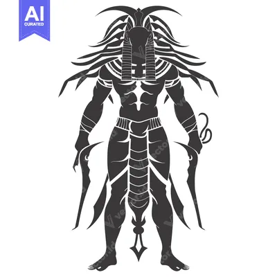 Aset premium populer: Silhouette of a Powerful Egyptian God with a Snake Head and Weapons